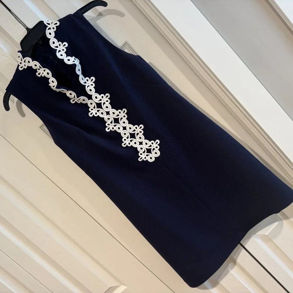 Vince Camuto Navy & White Mandarin Collar Sleeveless Mini Shift Dress Sz 8 - Picture 3 of 9